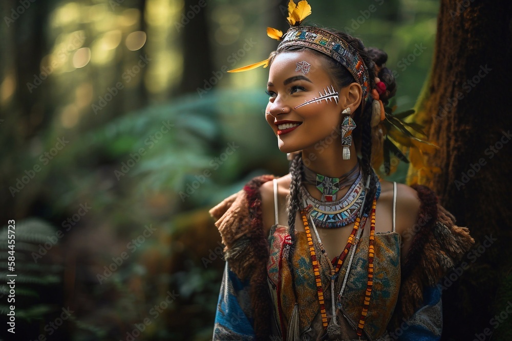 Woman in traditional north american dress in forest. Generative AI