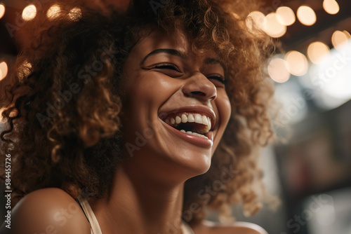 Face, hair care and beauty perfect smile of smiling happy black woman. Jamaican female model, makeup and portrait with beautiful healthy hair and curls after cosmetic spa treatment