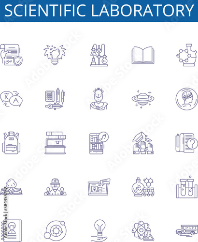 Scientific laboratory line icons signs set. Design collection of Scientific, Laboratory, Testing, Research, Instruments, Experiments, Chemicals, Analysis outline concept vector illustrations