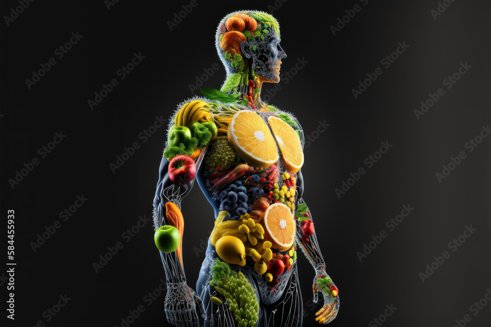 Human body Made of Fruits and Vegetables healthy lifestyle concept created with generative AI technology