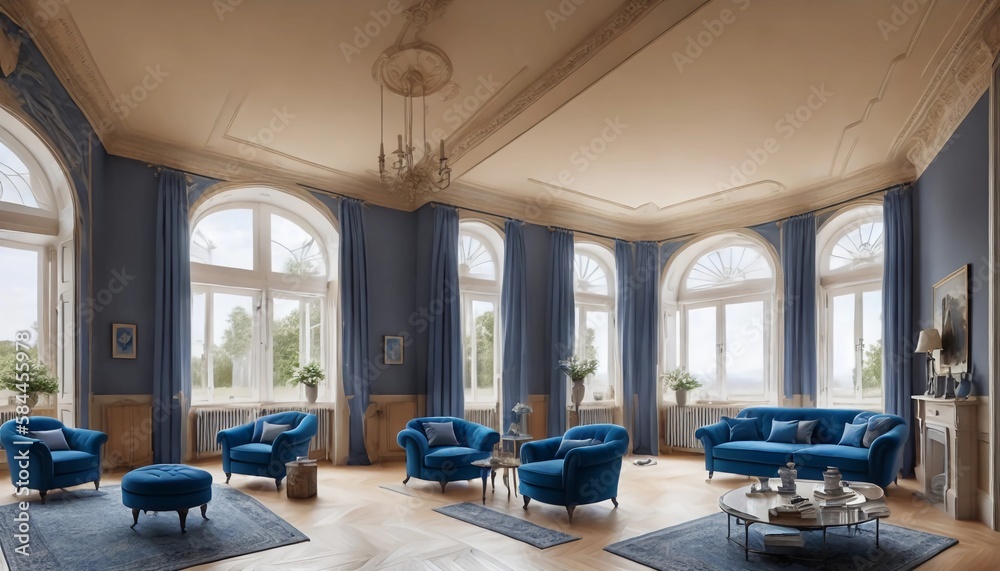 interior modern classic design, with armchairs and blue tones, living room, with large windows and daylight