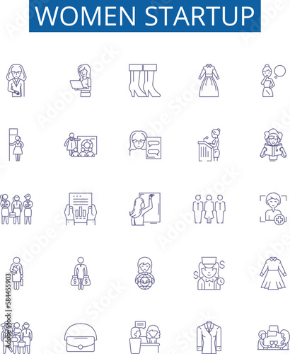 Women startup line icons signs set. Design collection of Female, Entrepreneur, Venture, Company, Business, Innovate, Investment, Founder outline concept vector illustrations