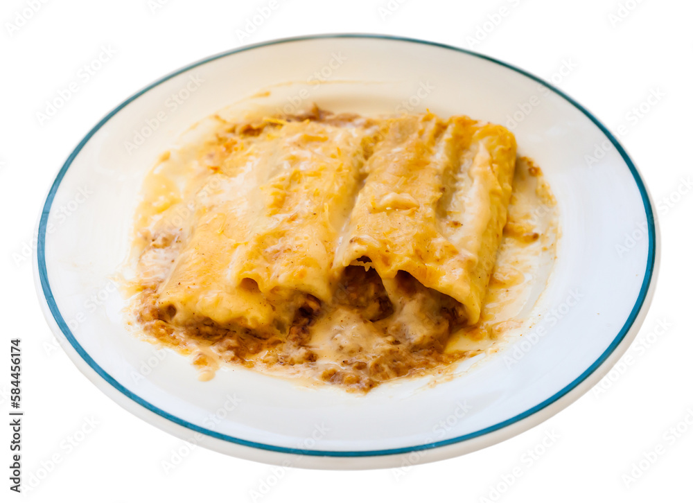 Traditional Italian сannelloni stuffed with minced meat baked in bechamel sauce with grated cheese. Isolated over white background