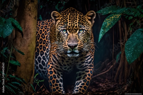 Fototapeta Naklejka Na Ścianę i Meble -  Leopard hunting in a jungle at night portrait | Ai Generated animal illustrations/backgrounds/wallpapers/portraits |