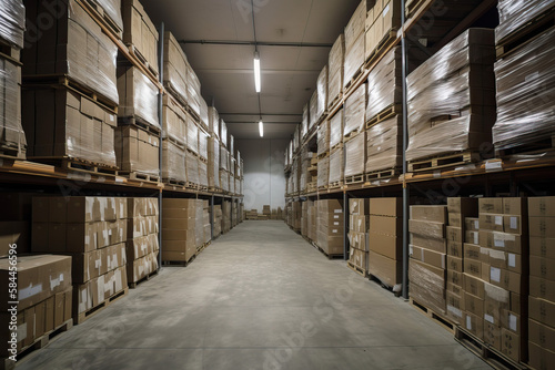 warehouse .cataloging and logistics. Rows of shelves with drawers. generative AI
