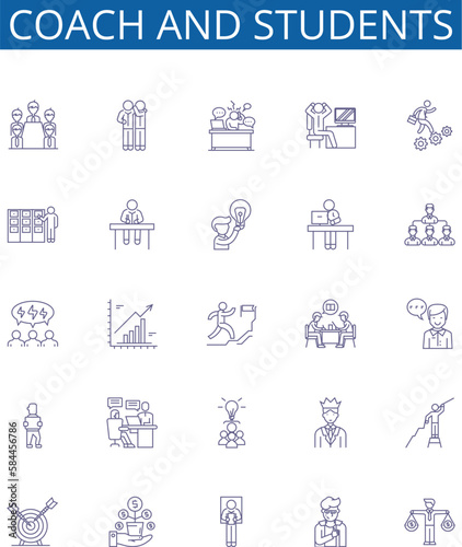 Coach and students line icons signs set. Design collection of Coach, Students, Mentor, Educator, Guide, Pupil, Teacher, Tutor outline concept vector illustrations