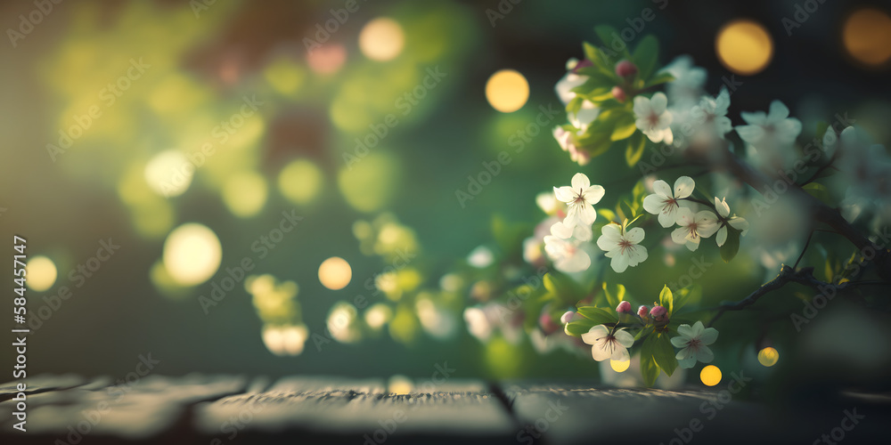 Spring Time - Blossoms On Wooden Table In Green Garden With Defocused Bokeh Lights And Flare Effect Spring Time - Blossoms On Wooden Table In Green Garden With Defocused Bokeh Lights And Flare Effect