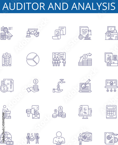 Auditor and analysis line icons signs set. Design collection of Auditor, Analysis, Auditing, Analyzing, Evaluating, Scrutiny, Inspecting, Reviewing outline concept vector illustrations