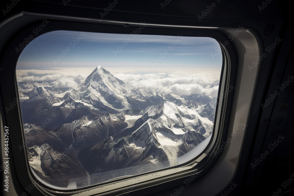 Fototapeta premium A view of Mount Everest from a plane. Generative AI.