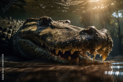 A crocodile's head, with its mouth open just under the water's surface. Generative AI.