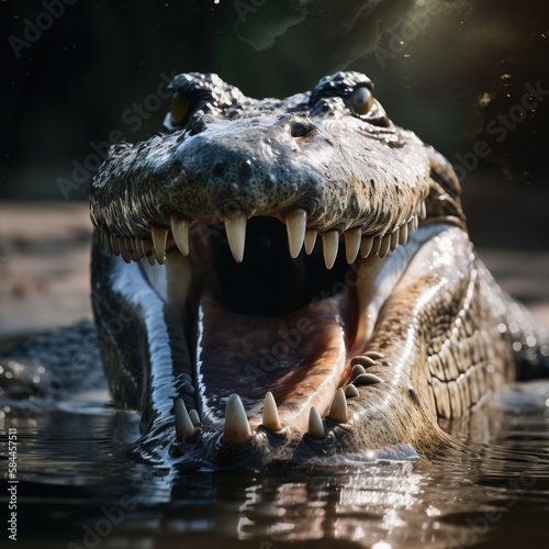 A crocodile's head, with its mouth open just under the water's surface. Generative AI. © Bargais