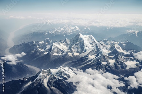 A view of Mount Everest from a plane. Generative AI. © Bargais