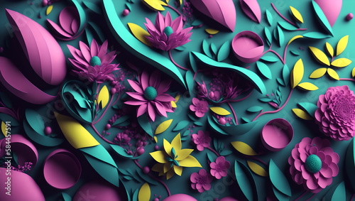 spring abstract background with 3d elements, easter background, spring flowers and butterflies, paper composition