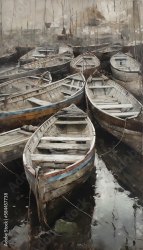 Wooden boats in a harbor. Generative AI.