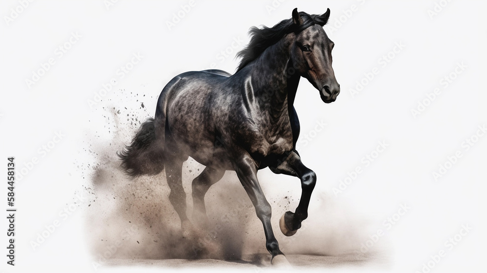 Obraz premium Black horse with long mane runs gallop in dust on white background. Created with Generative AI technology.