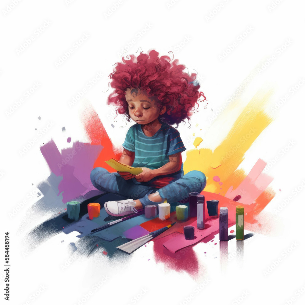 Fototapeta premium A curlyhaired toddler sits reading a music score surrounded by colorful crayons and a paint palette.. AI generation.
