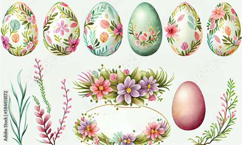 Set of easter boho eggs on an isolated white background, floral design, watercolor clipart, Easter spring collection, generative AI