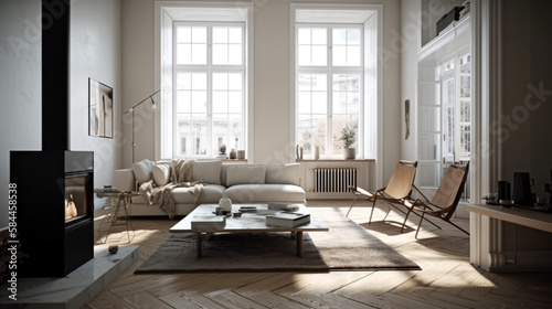 A minimalist living room with a fireplace is captured in an editorial-style photo. The natural light creates a cozy mood. Created with generative Ai Technology.