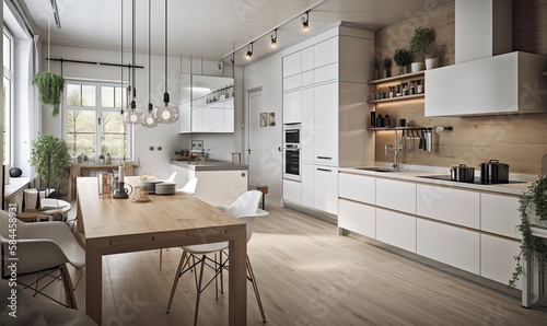 Stylish modern kitchen in a light Scandinavian style, generative AI © Enigma