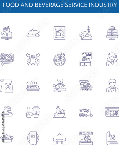Food and beverage service industry line icons signs set. Design collection of Dining, Beverage, Cuisine, Catering, Snacks, Bars, Restaurants, Banqueting outline concept vector illustrations
