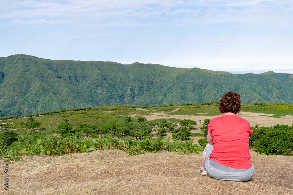 Madeira holiday summer trip vacation tourism mountains sunny day green trees landscape single woman female sit relax