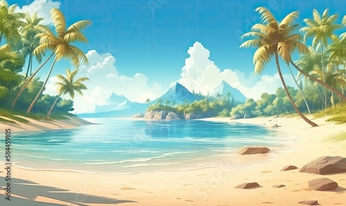 A beach with palm trees and mountains in the background, generative AI © Enigma