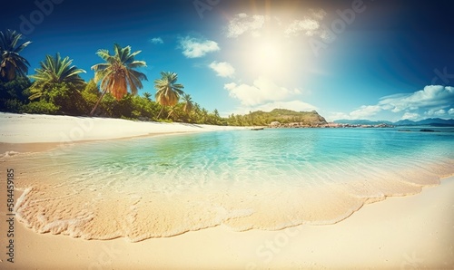 Beach scene with a palm tree and the sun, generative AI © Enigma