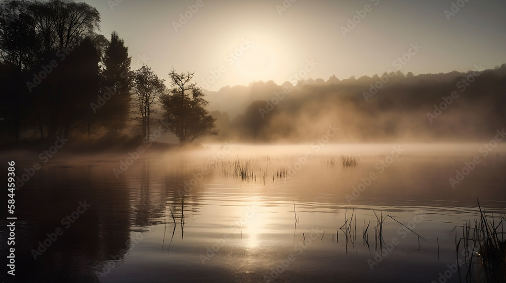 A misty lakeside during sunrise, as the golden light reflects on the calm water.