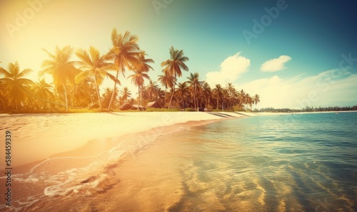 A beach with palm trees and the sun shining on the horizon, generative AI