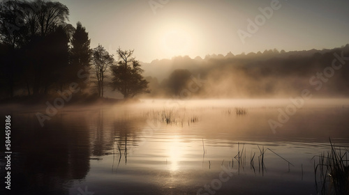 A misty lakeside during sunrise  as the golden light reflects on the calm water.