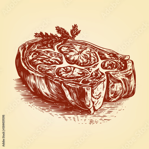 Detailed beef steak. Woodcut engraving style hand drawn vector illustration. Optimized vector. 