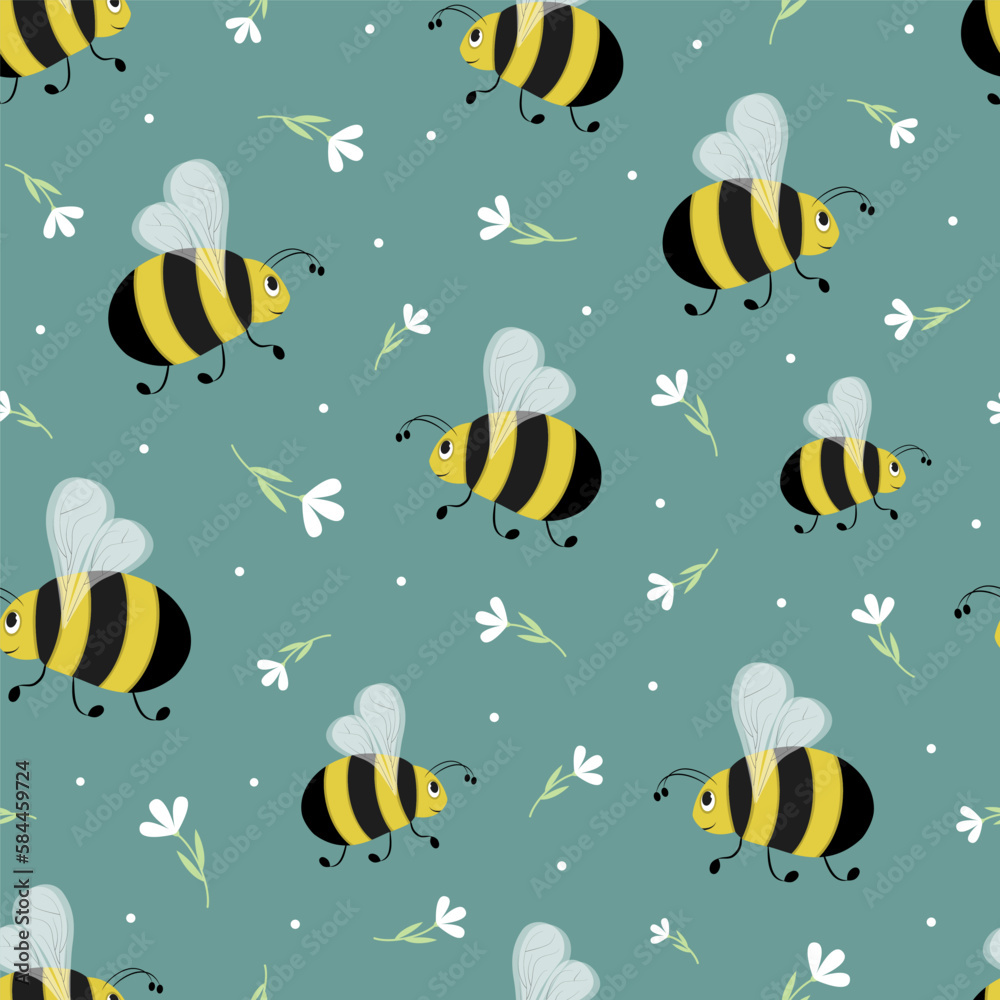 Cute cartoon flying bumblebees and white flowers seamless pattern. Flat vector illustration. Summer nature