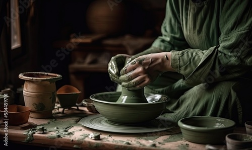 A potter works behind a potter's wheel, making a bowl of clay, generative AI