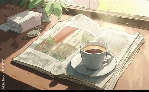 drawn newspapers and cup of coffee watercolor illustrations Generative AI