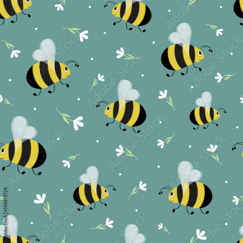 Cute cartoon flying bumblebees and white flowers seamless pattern. Flat vector illustration. Summer nature © Verivera