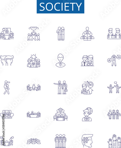 Society line icons signs set. Design collection of Society, community, culture, people, humans, civilization, organization, norms outline concept vector illustrations