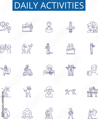 Daily activities line icons signs set. Design collection of Routine, Exercise, Work, Study, Commute, Eating, Shopping, Resting outline concept vector illustrations
