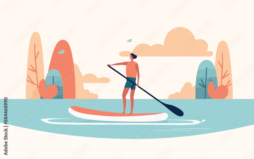 Woman stand-up paddling on a lake, with the sun setting in the background and reflections of the on a paddleboard and trees on the water. Flat vector summer watersport concept. Gadget-free vacation Woman stand-up paddling on a lake, with the sun setting in the background and reflections of the on a paddleboard and trees on the water. Flat vector summer watersport concept. Gadget-free vacation