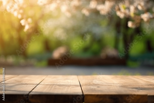 empty wooden table with bokeh background in spring in the garden Generative AI