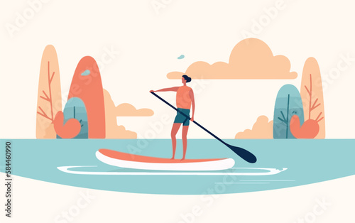 Woman stand-up paddling on a lake, with the sun setting in the background and reflections of the on a paddleboard and trees on the water. Flat vector summer watersport concept. Gadget-free vacation photo