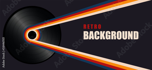 Retro horizontal background with color lines and vinyl music record. Abstract background in trendy 1970s style. Vector illustration