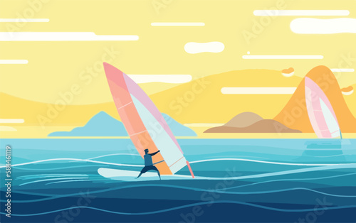 Person windsurfing in the ocean, with the wind blowing through their hair and the waves crashing around them. Flat vector summer watersport illustration concept. Gadget-free vacation. Generative AI