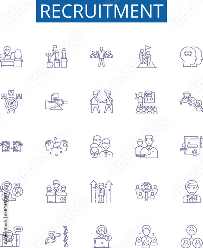 Recruitment line icons signs set. Design collection of Hiring, Appoint, Source, Staffing, Engage, Induct, Enlist, Acquire outline concept vector illustrations