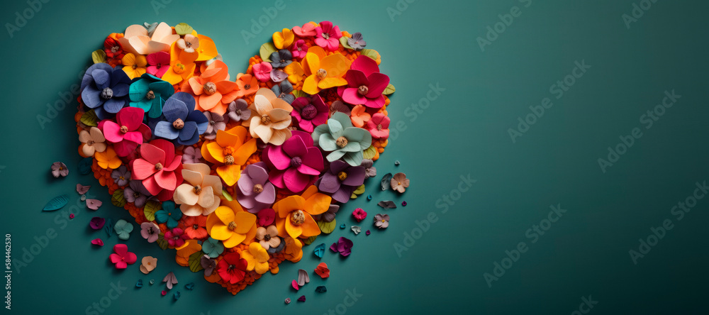 A heart wrapped in colorful flower petals, papercraft, on blue turquise background, space for text, Generative AI