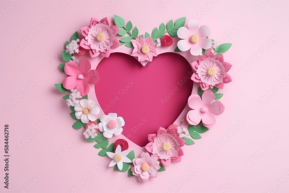 Heart - shaped frame surrounded by flowers on pink surface, handmade papercraft, Generative AI