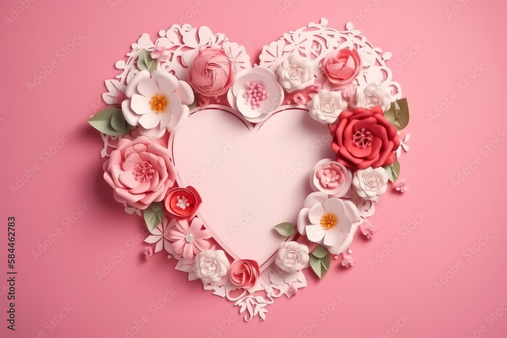 Heart - shaped frame surrounded by flowers on pink surface, handmade papercraft, Generative AI