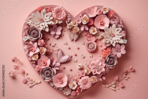 Heart - shaped frame surrounded by flowers on pink surface  handmade papercraft  Generative AI