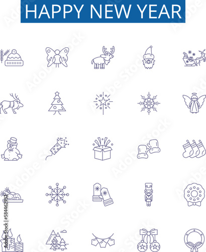 Happy new year line icons signs set. Design collection of Glad, Joyous, Cheerful, Merry, Festive, Blessing, Jubilant, Optimistic outline concept vector illustrations