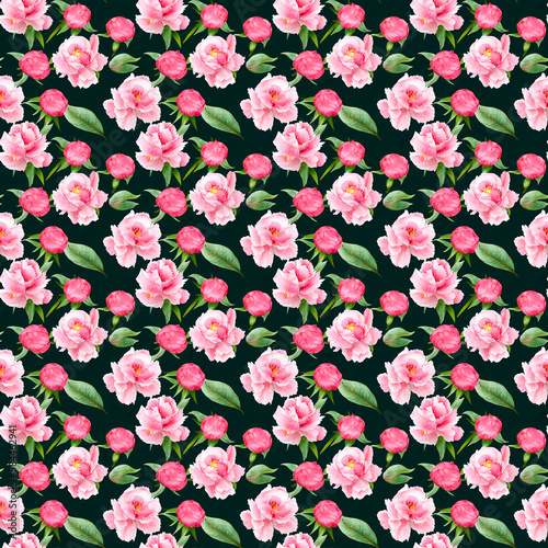background with painted beautiful peonies. Watercolor floral seamless pattern. 