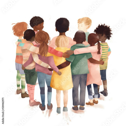 A large oup of children of various ages and races linking their arms to show their solidarity and support for one another.. AI generation.